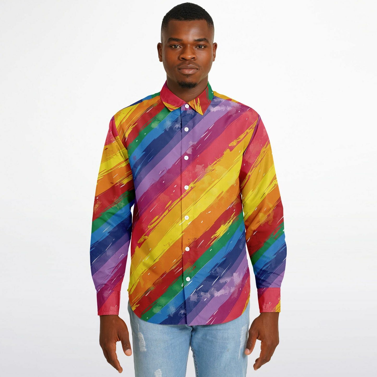 Vibrant Rainbow Stripes Long Sleeve Button Down Shirt