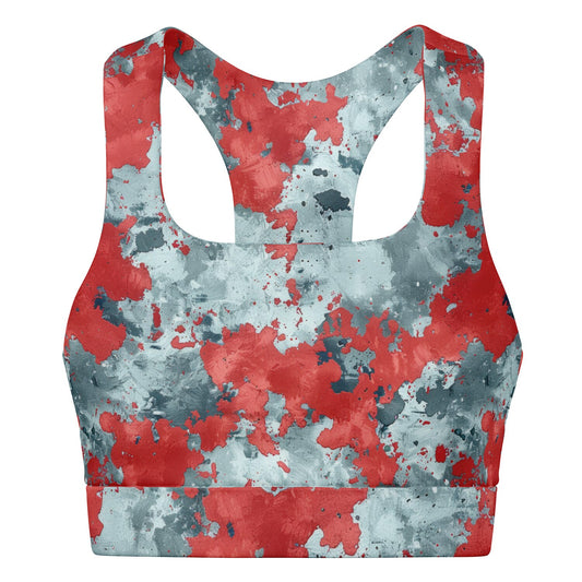 Abstract Red and Gray Padded Sports Bra