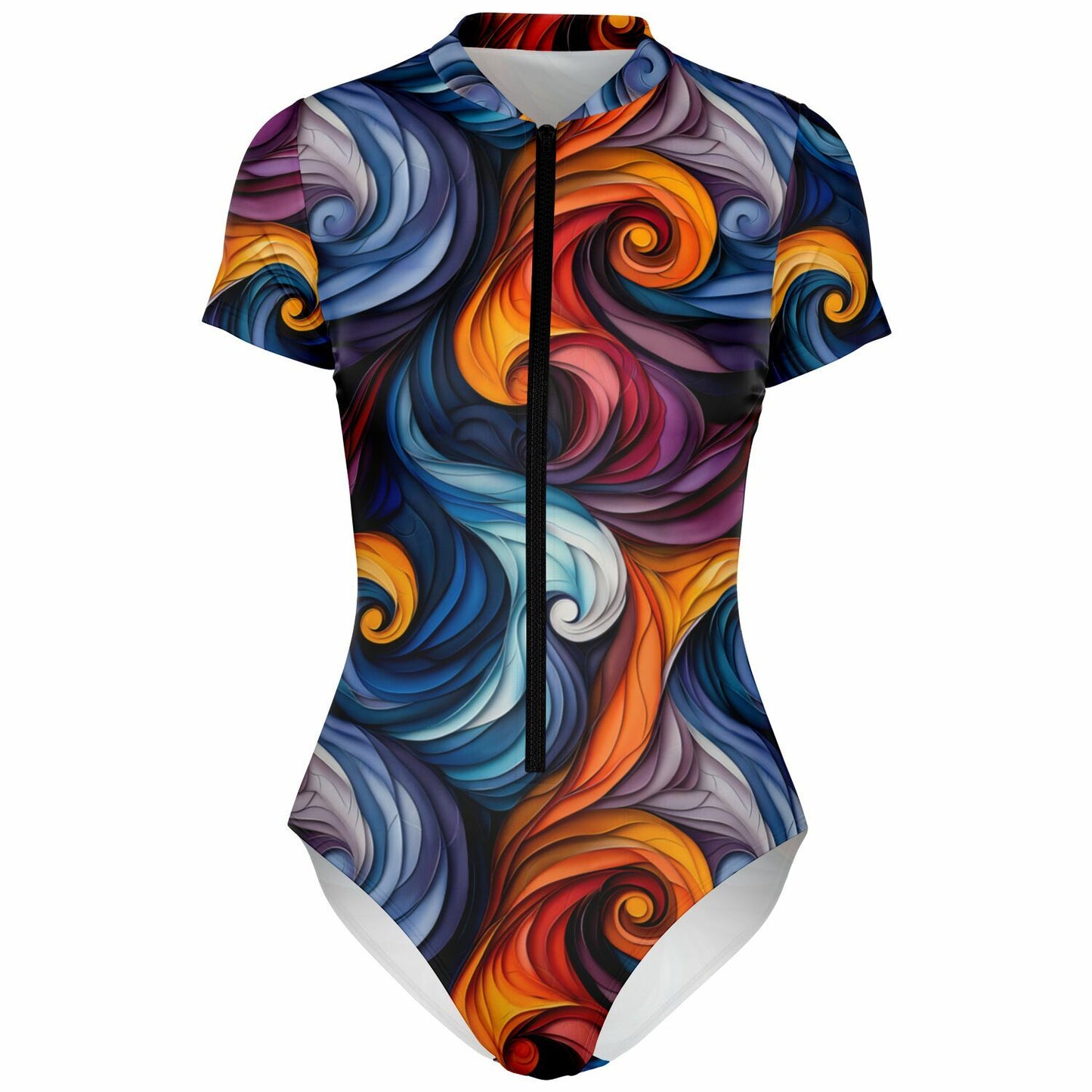 Vibrant Swirl Pattern Women's Short-Sleeve Swimsuit - AOP