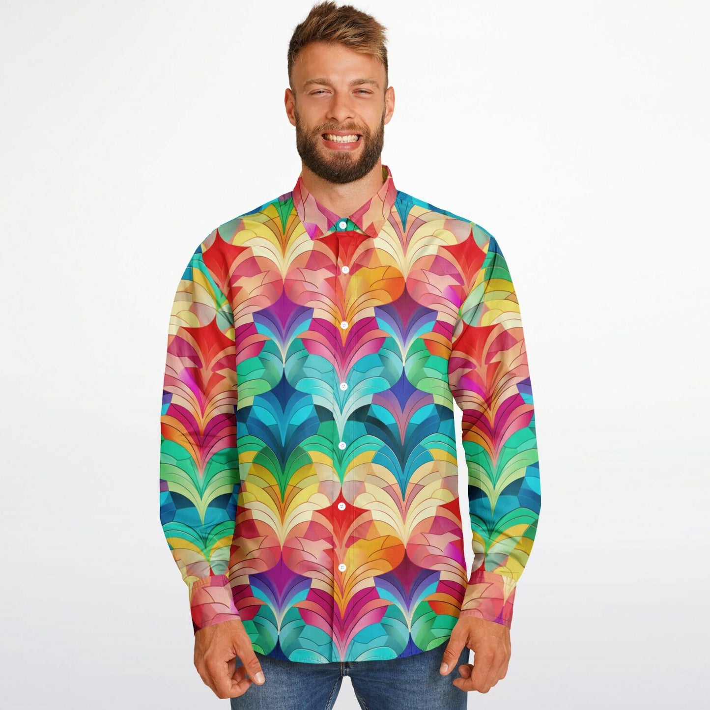 Retro Rainbow Feather Long Sleeve Button Down Shirt