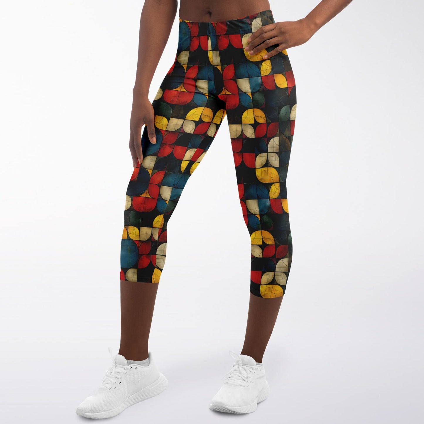 Retro Geometric High-Waisted Capri Leggings for Stylish Activewear - AOP