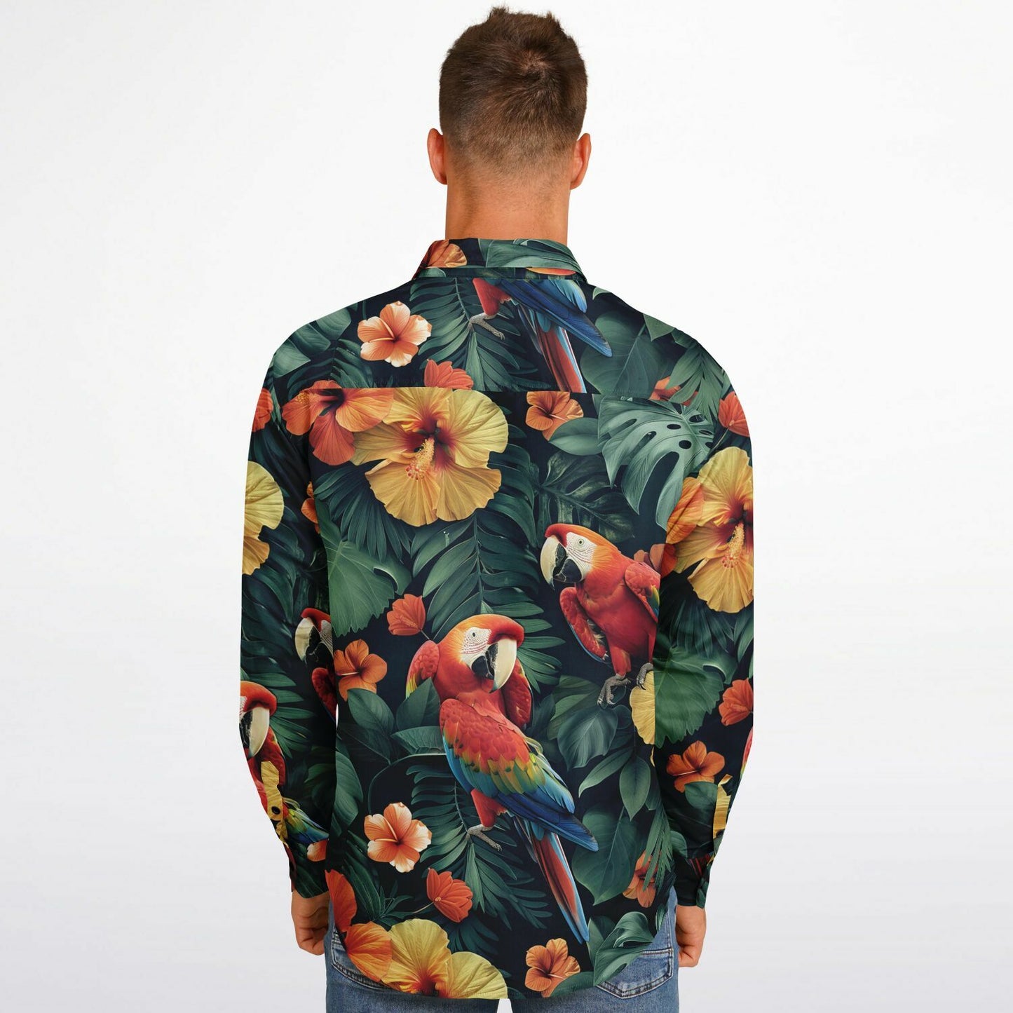 Tropical Parrot and Hibiscus Long Sleeve Button Down Shirt