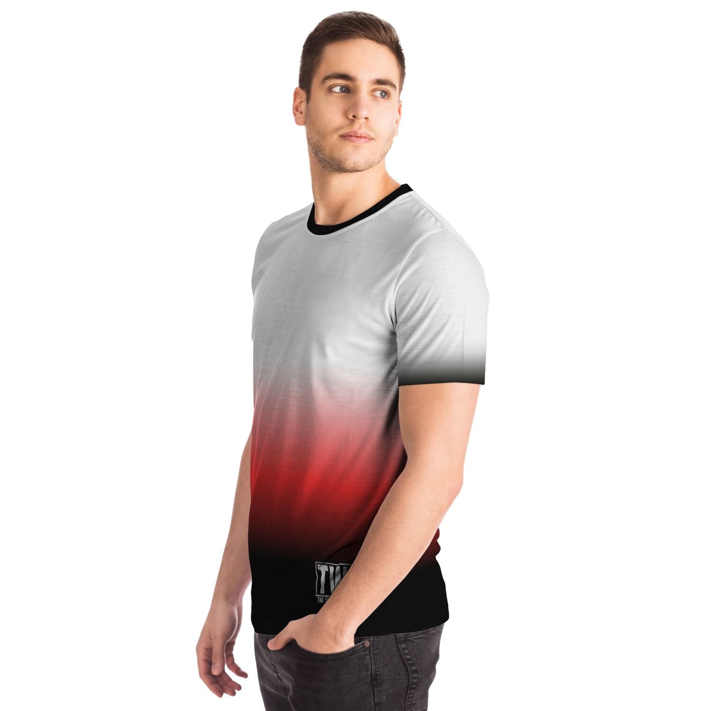 Vibrant Gradient Unisex T-Shirt - Black, Red, and White Fade