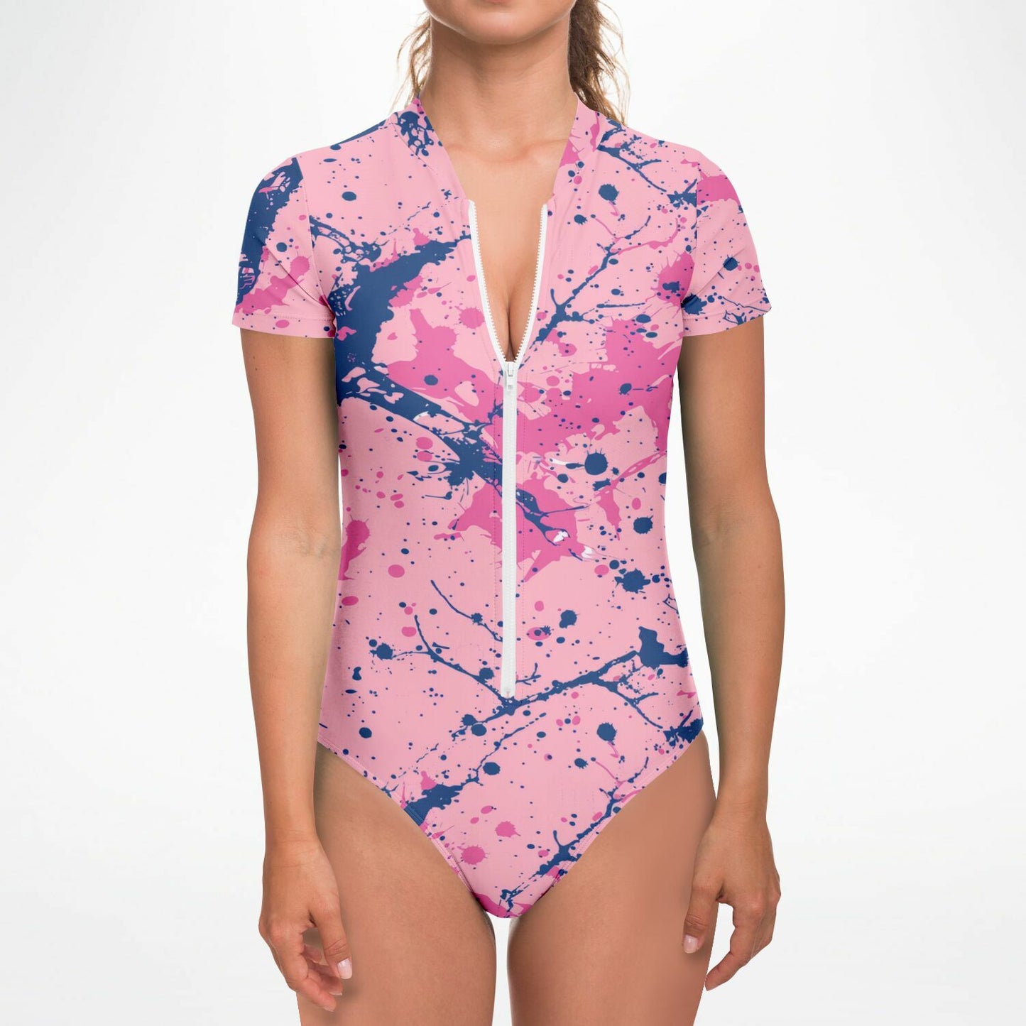 Pink and Blue Splatter Pattern Women's Short-Sleeve Swimsuit - AOP