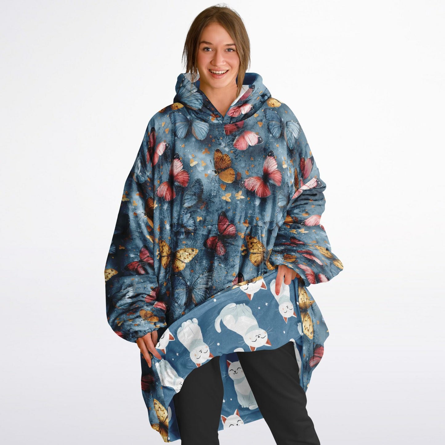 Reversible Snug Hoodie - Adorable Cat and Elegant Butterfly Designs - AOP