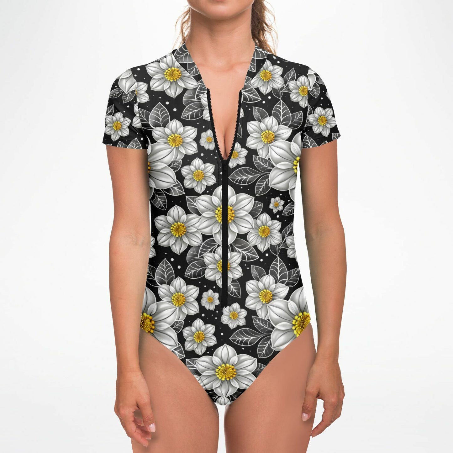 Elegant Floral Pattern Women's Short-Sleeve Swimsuit - AOP