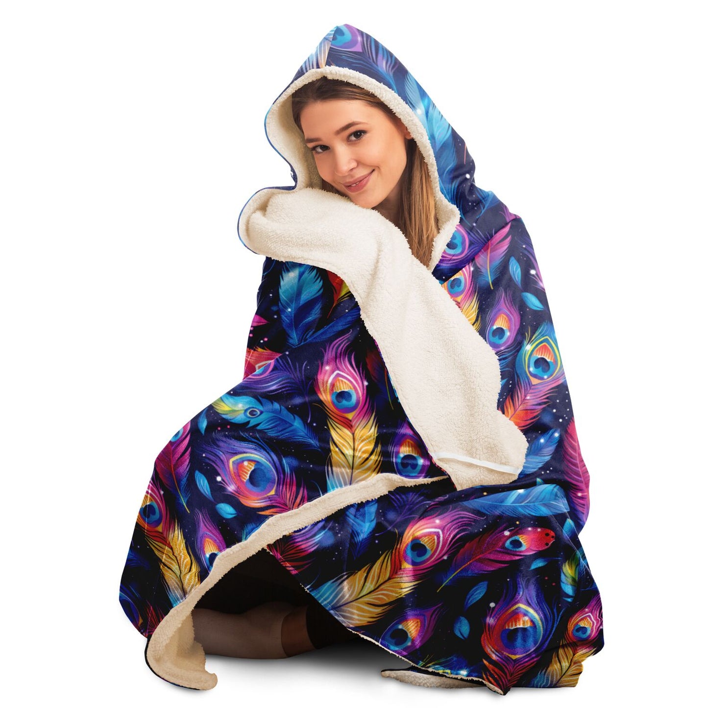 Cosy Peacock Feather Hooded Blanket