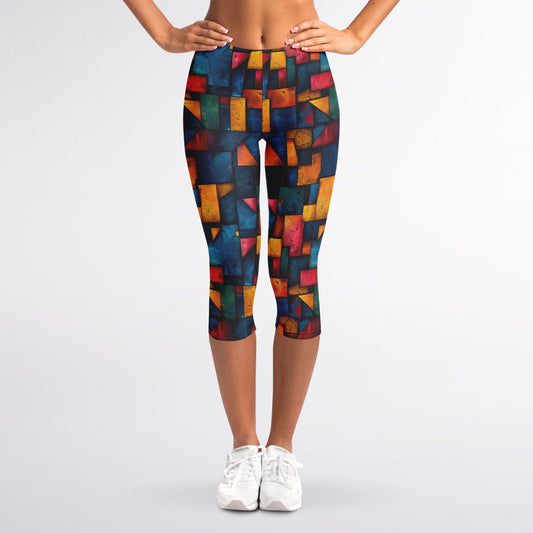 Stained Glass High-Waisted Capri Leggings for Artistic Activewear - AOP