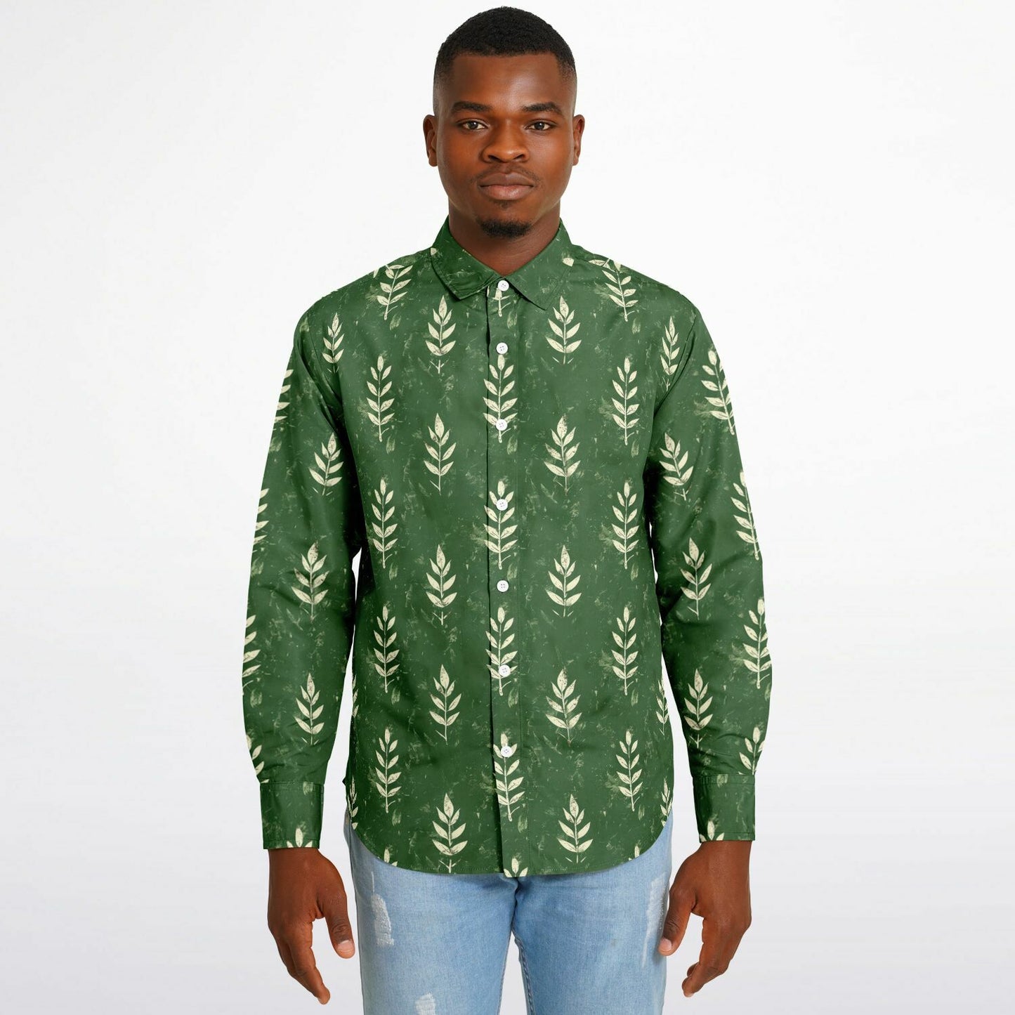 Nature-Inspired Leaf Print Long Sleeve Button Down Shirt