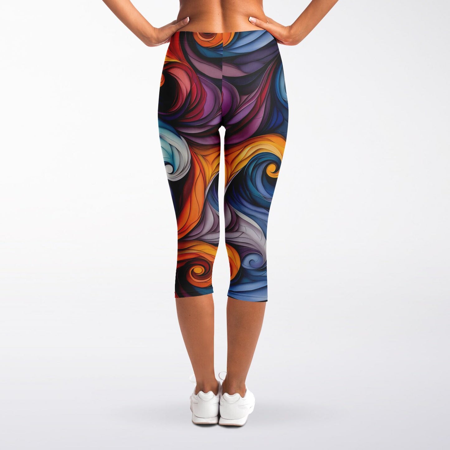 Vibrant Swirl High-Waisted Capri Leggings for Energetic Activewear - AOP