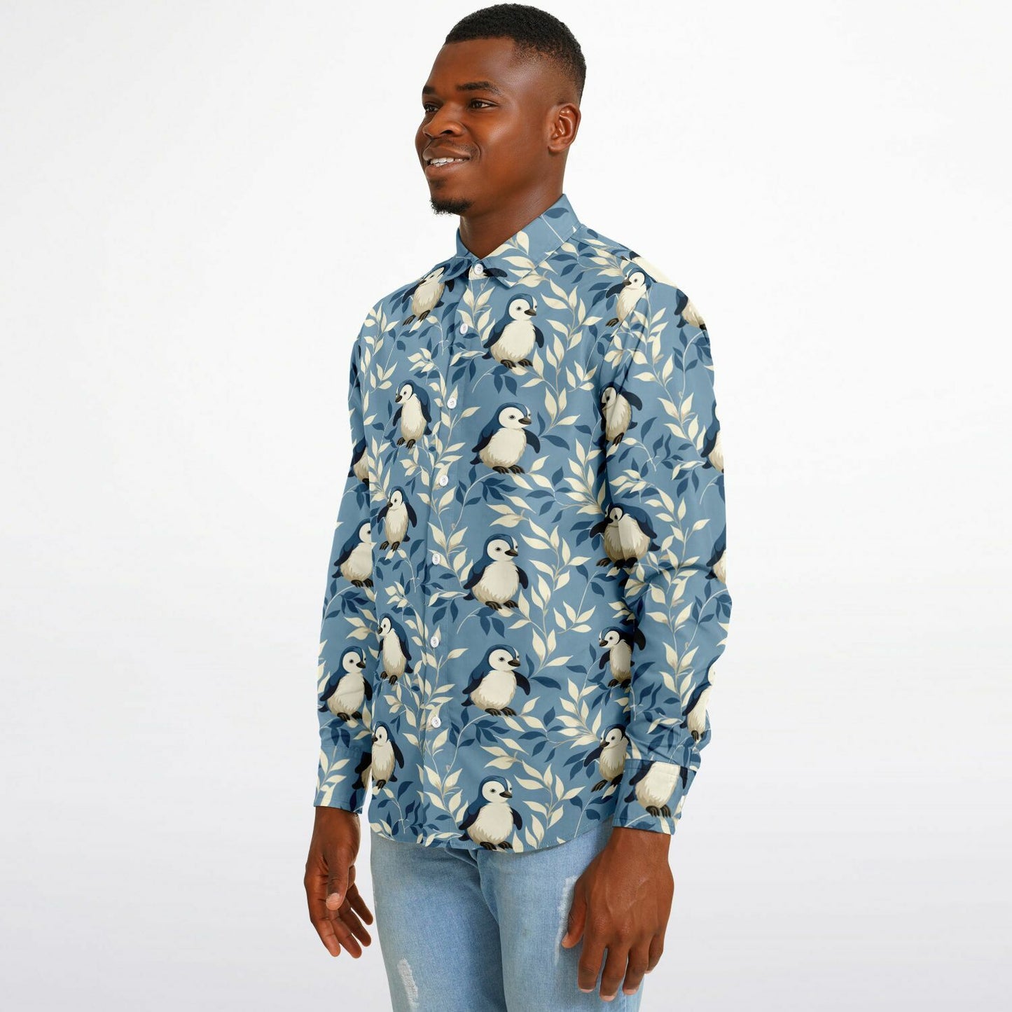 Penguin Pattern Long Sleeve Button Down Shirt