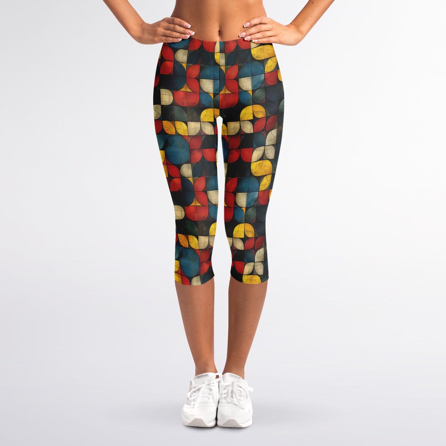 Retro Geometric High-Waisted Capri Leggings for Stylish Activewear - AOP