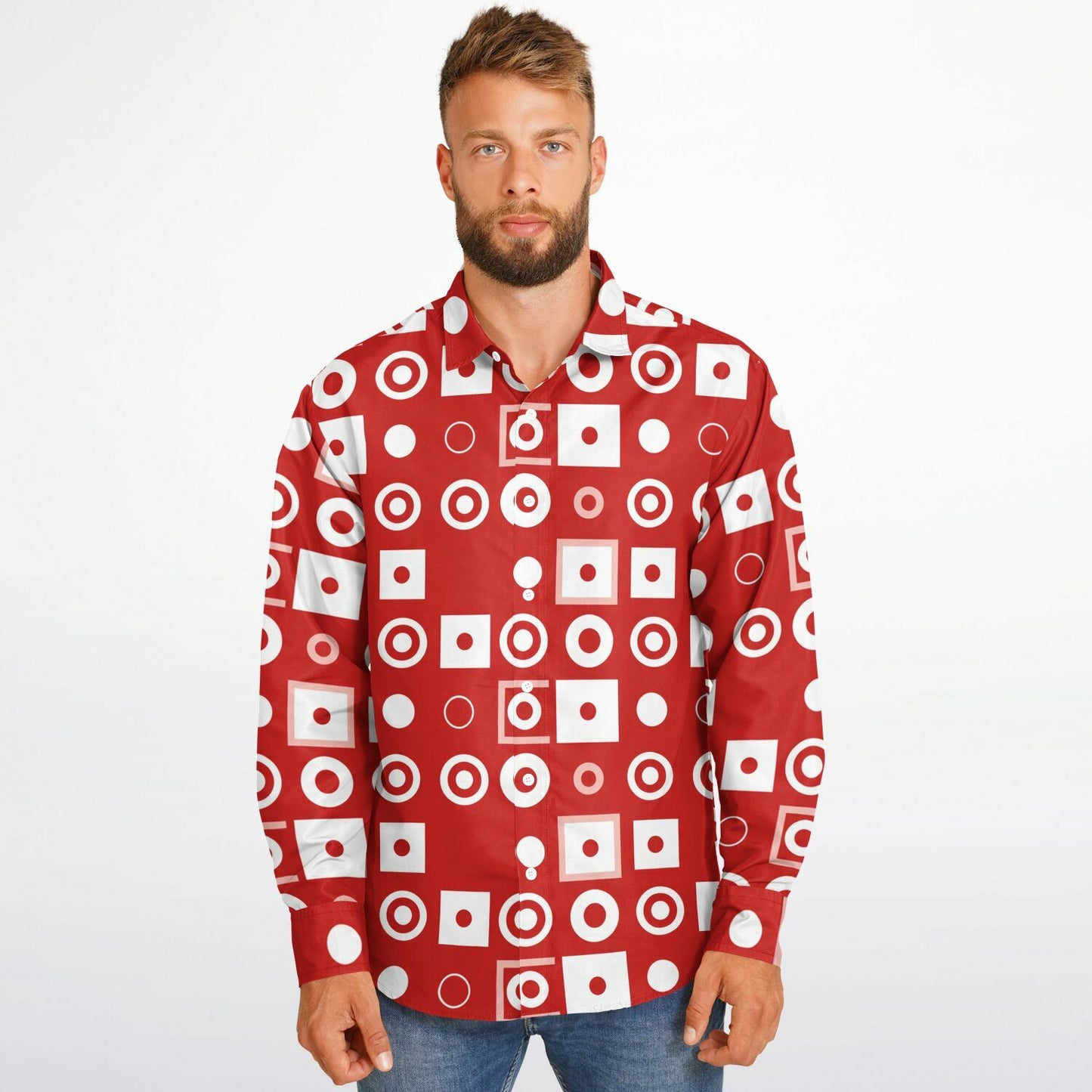 Bold Red Geometric Pattern Long Sleeve Button Down Shirt