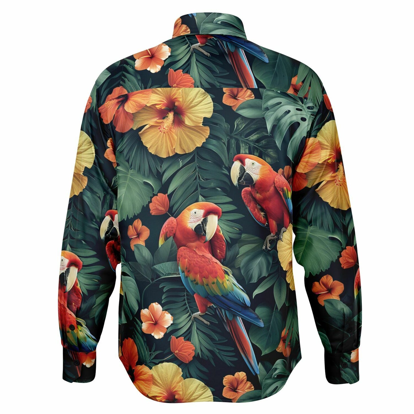 Tropical Parrot and Hibiscus Long Sleeve Button Down Shirt