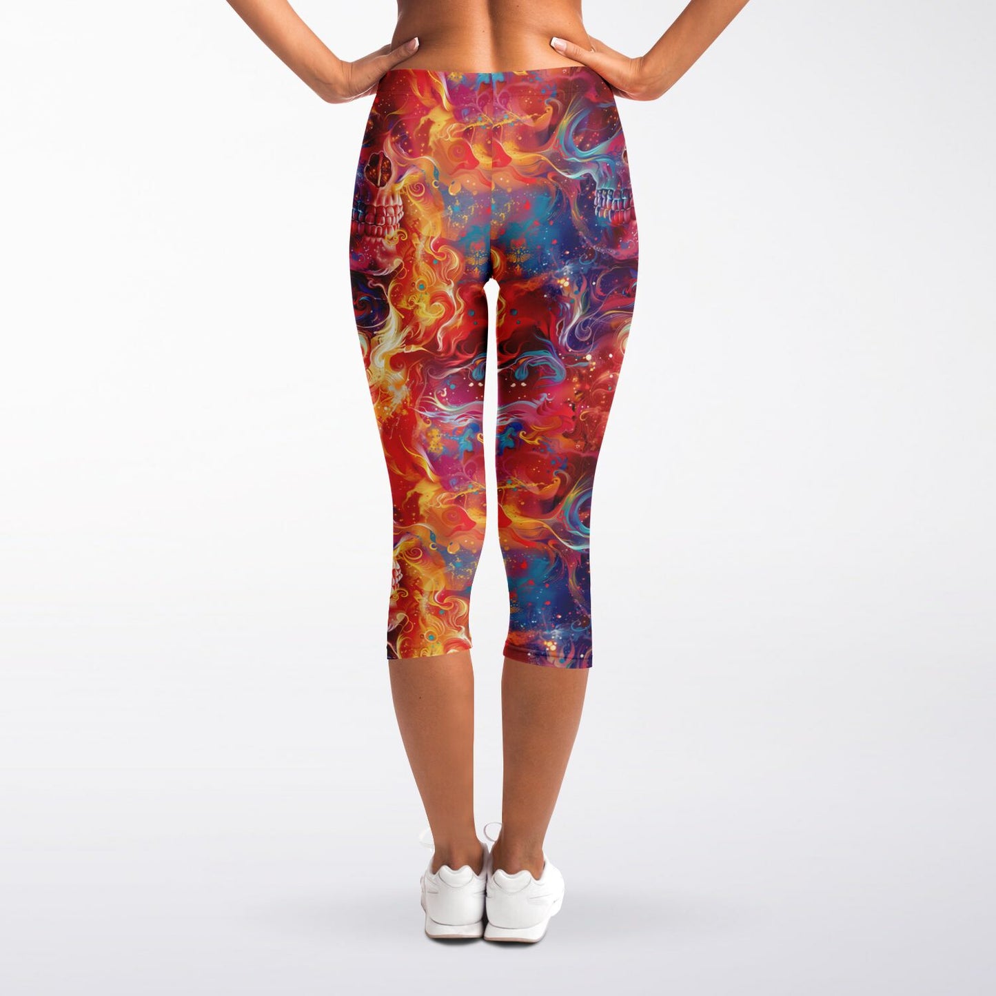 Fiery Skull High-Waisted Capri Leggings for Bold Activewear - AOP