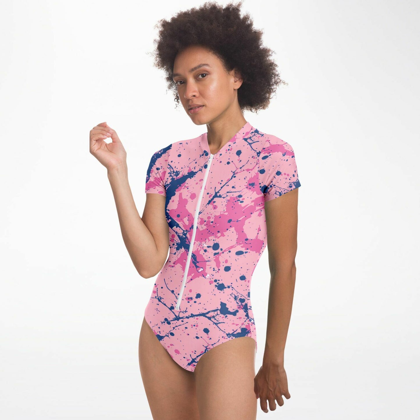 Pink and Blue Splatter Pattern Women's Short-Sleeve Swimsuit - AOP