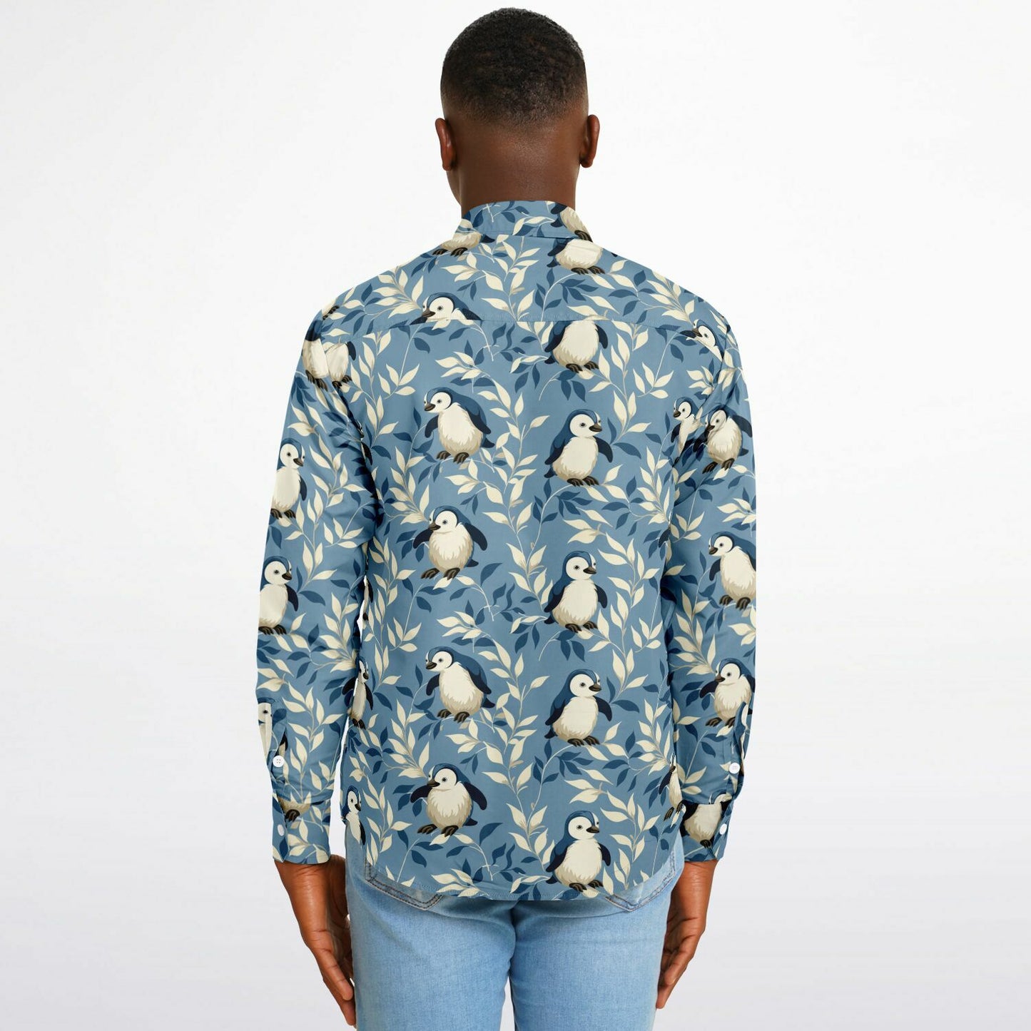 Penguin Pattern Long Sleeve Button Down Shirt