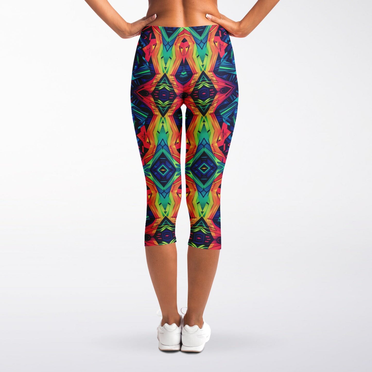 Psychedelic Kaleidoscope High-Waisted Capri Leggings for Vibrant Activewear - AOP