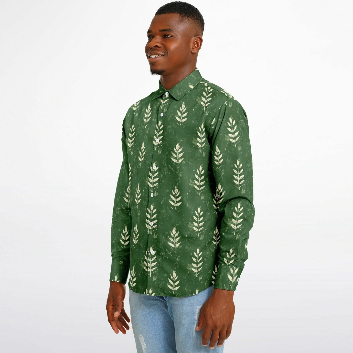 Nature-Inspired Leaf Print Long Sleeve Button Down Shirt