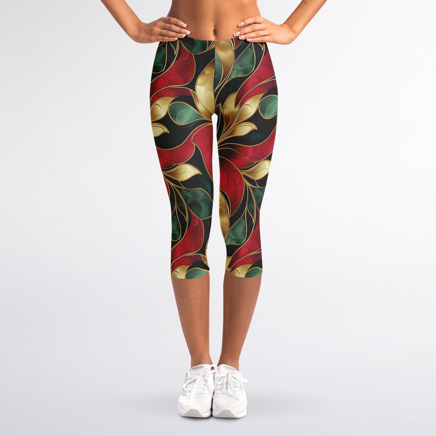 Festive Elegance High-Waisted Capri Leggings for Luxurious Activewear - AOP