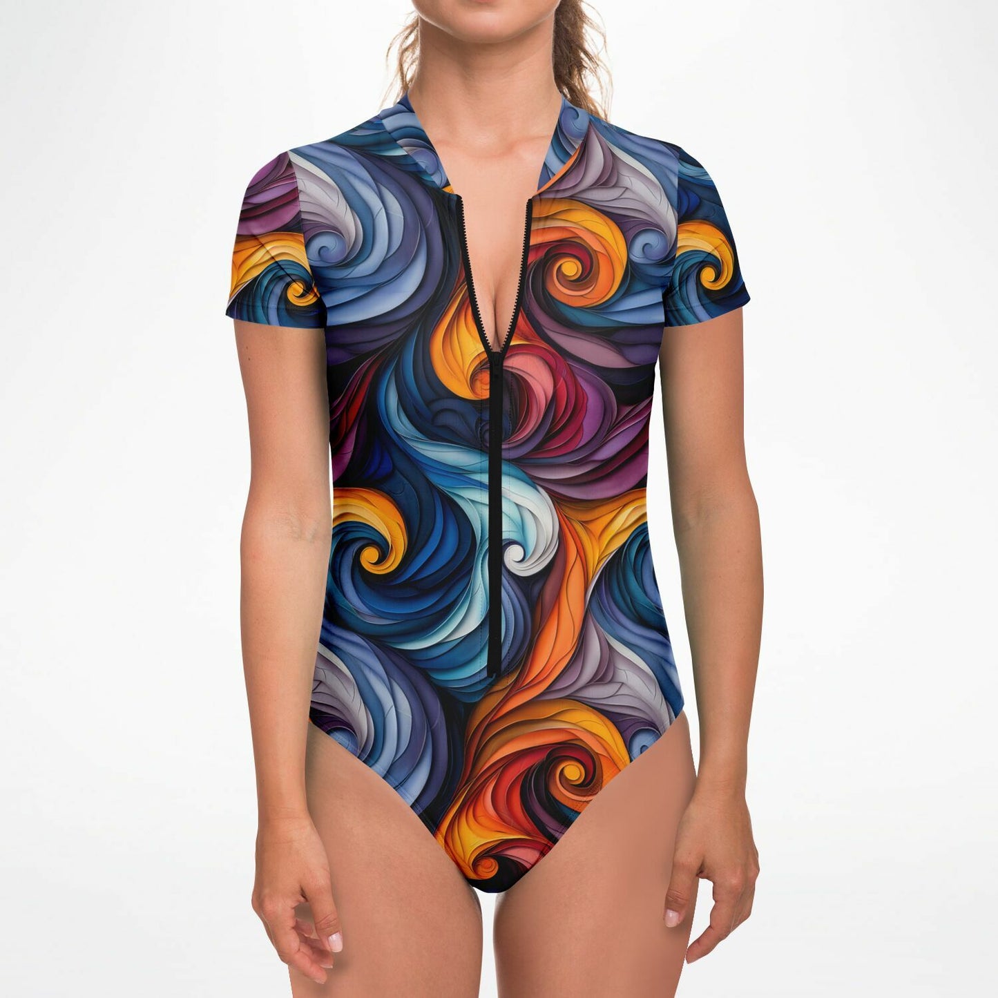 Vibrant Swirl Pattern Women's Short-Sleeve Swimsuit - AOP