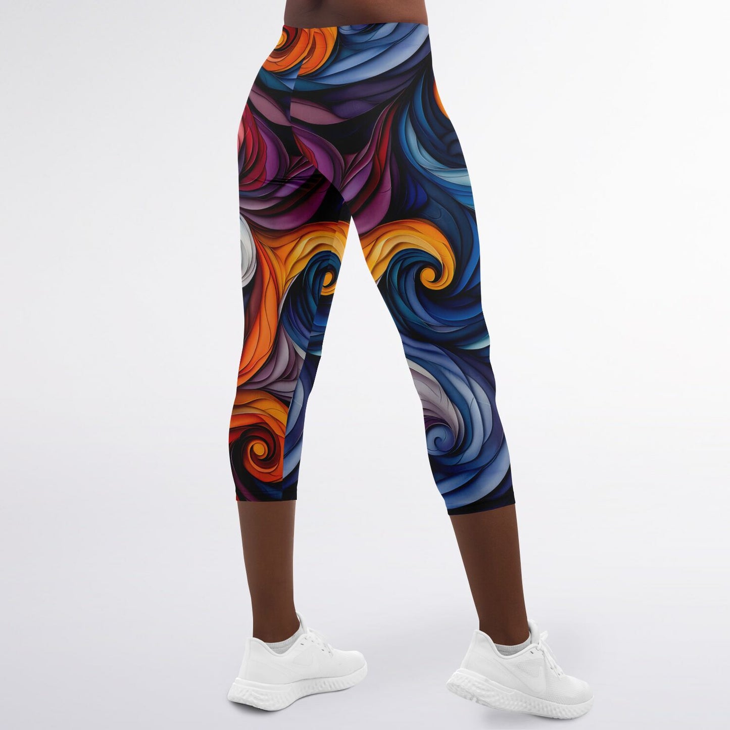 Vibrant Swirl High-Waisted Capri Leggings for Energetic Activewear - AOP