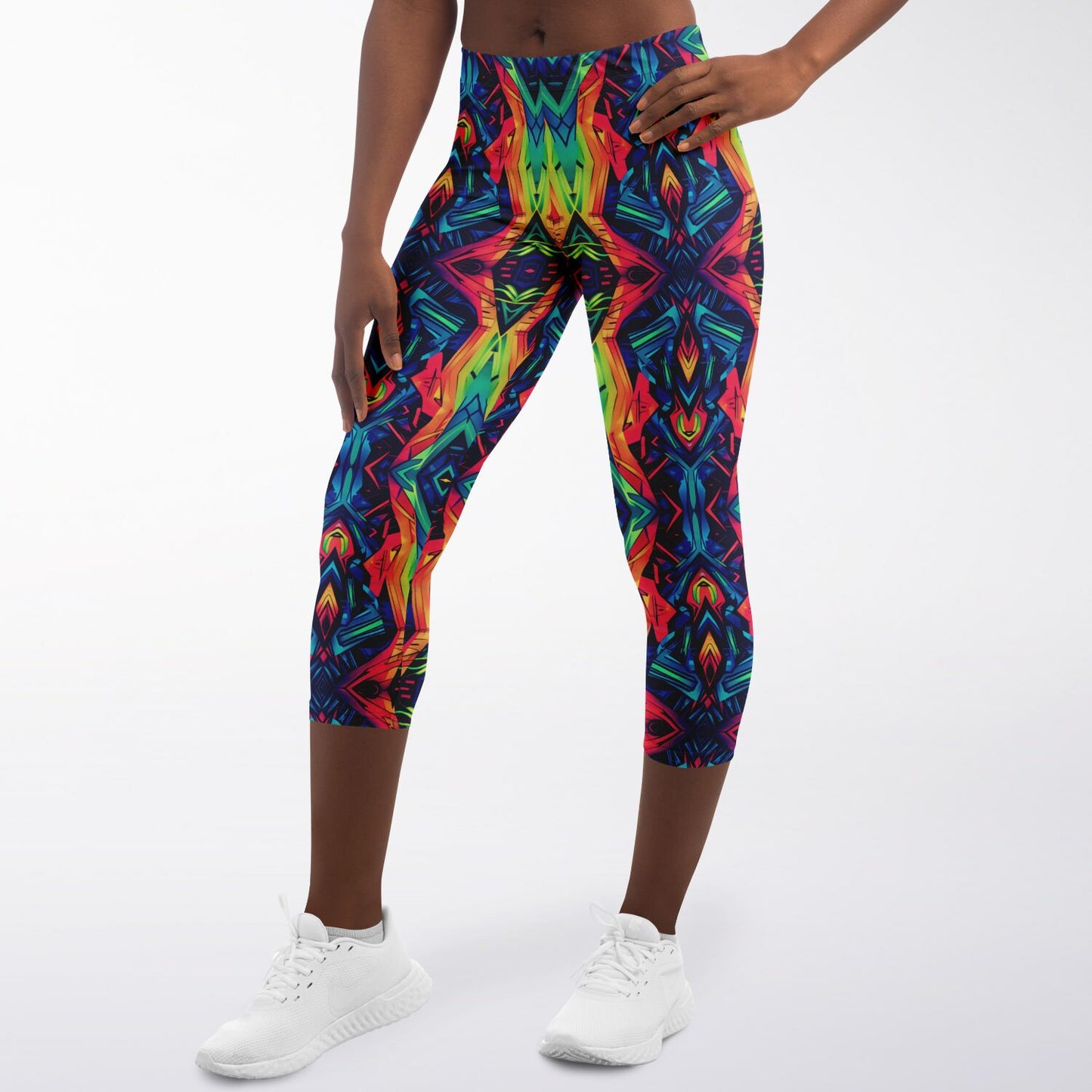 Psychedelic Kaleidoscope High-Waisted Capri Leggings for Vibrant Activewear - AOP