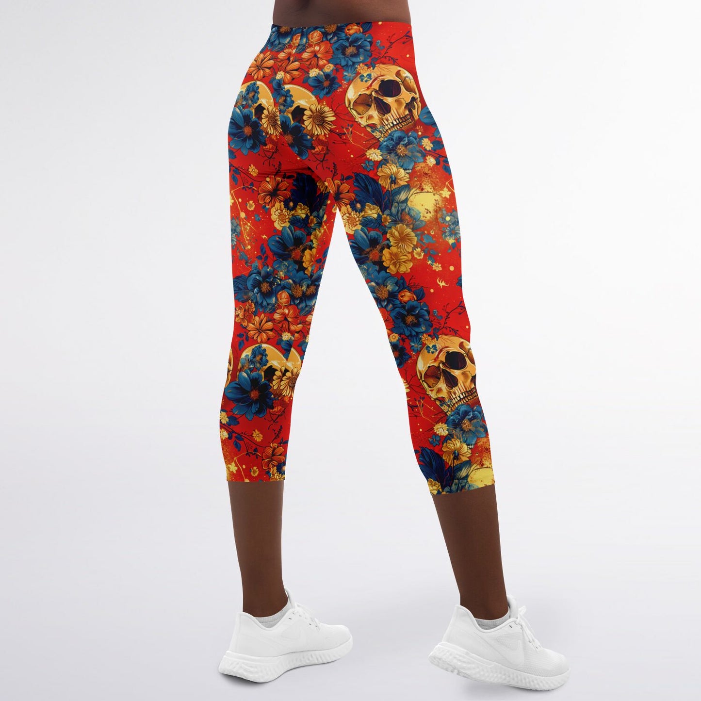 Floral Skull High-Waisted Capri Leggings for Edgy Activewear - AOP