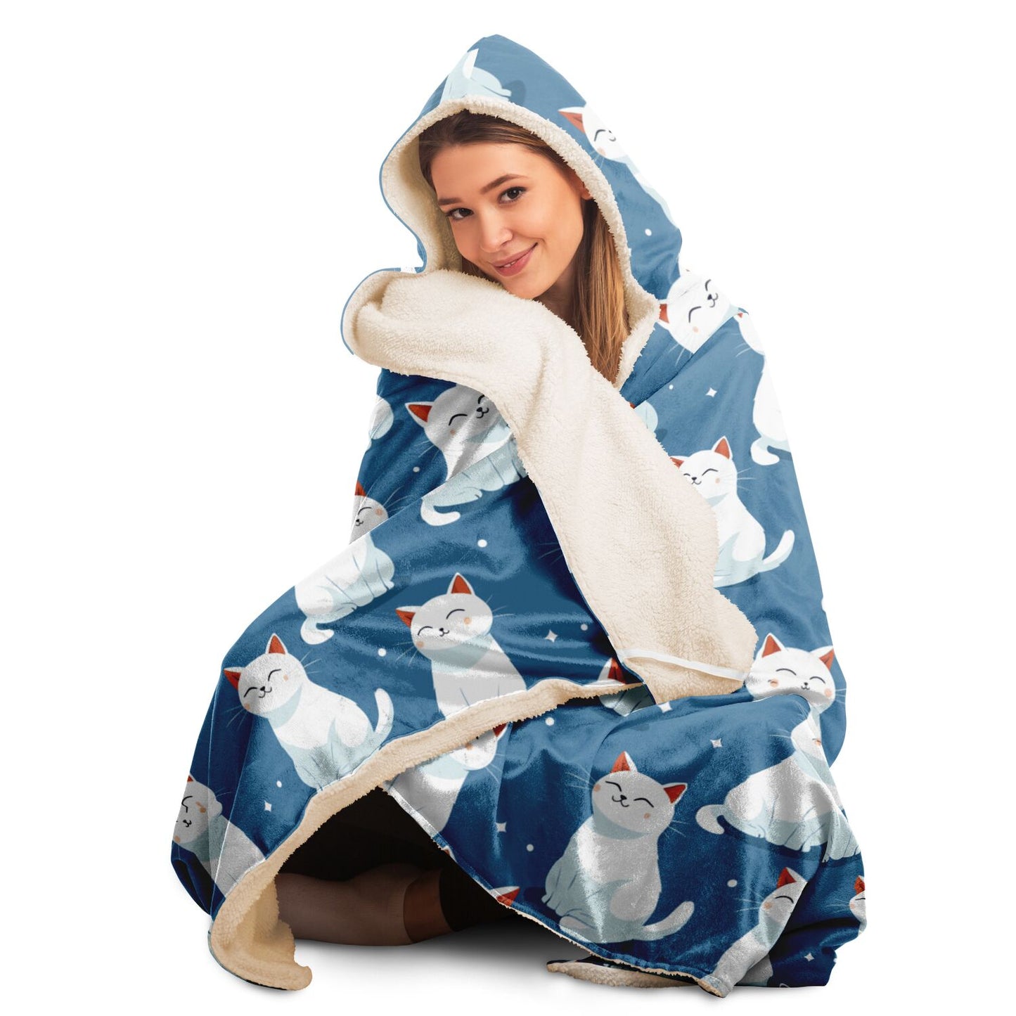 Adorable White Cats Hooded Blanket