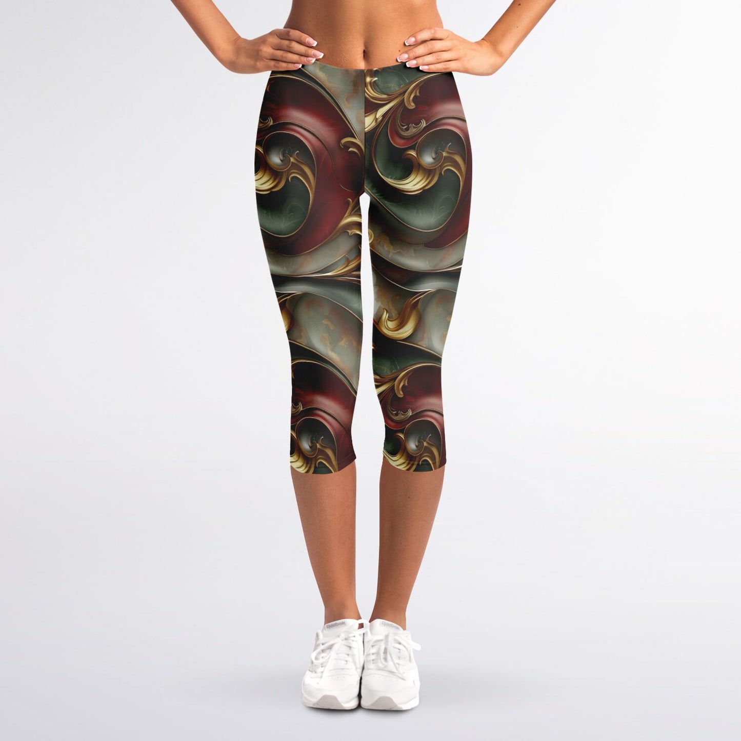 Opulent Swirl High-Waisted Capri Leggings for Luxurious Activewear - AOP