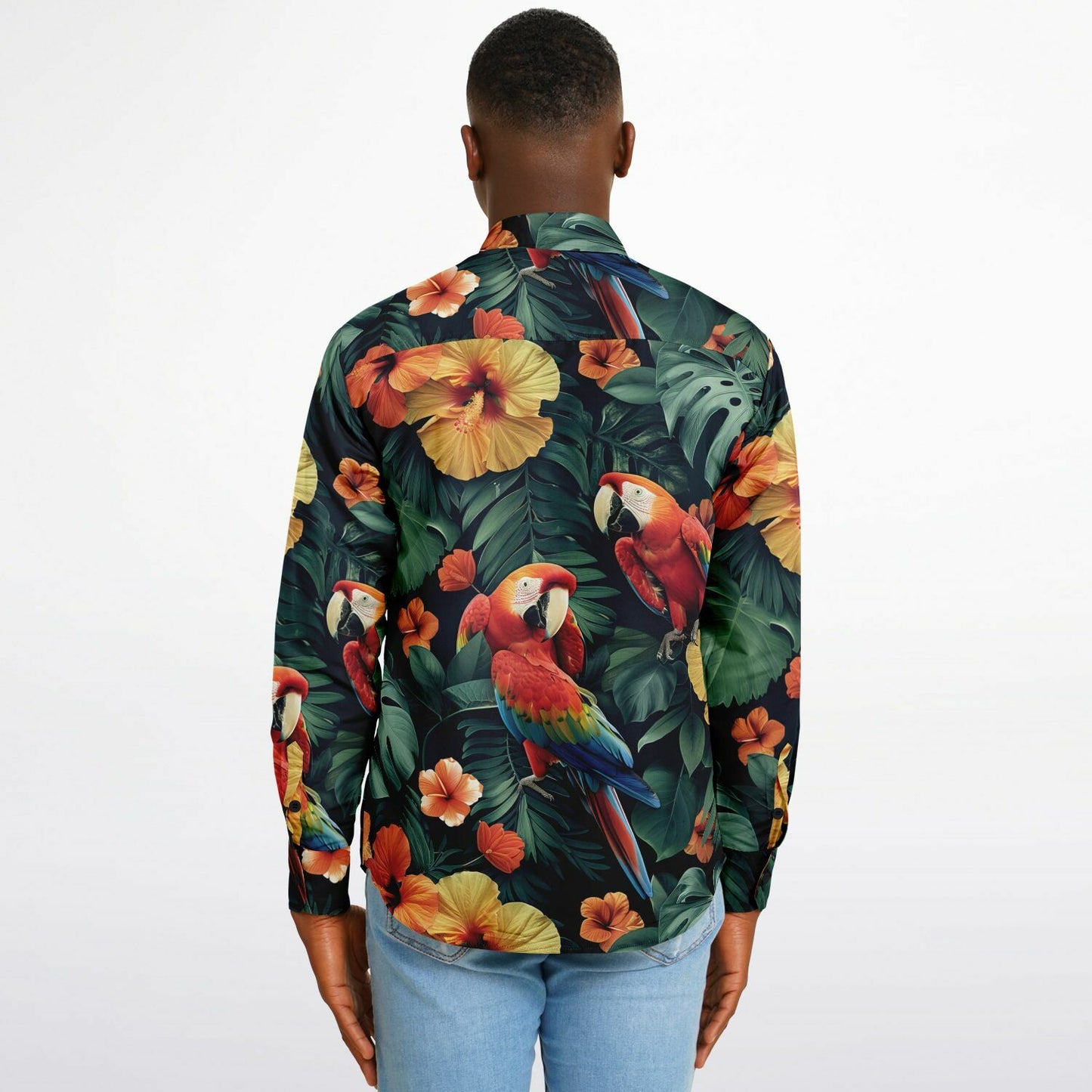 Tropical Parrot and Hibiscus Long Sleeve Button Down Shirt