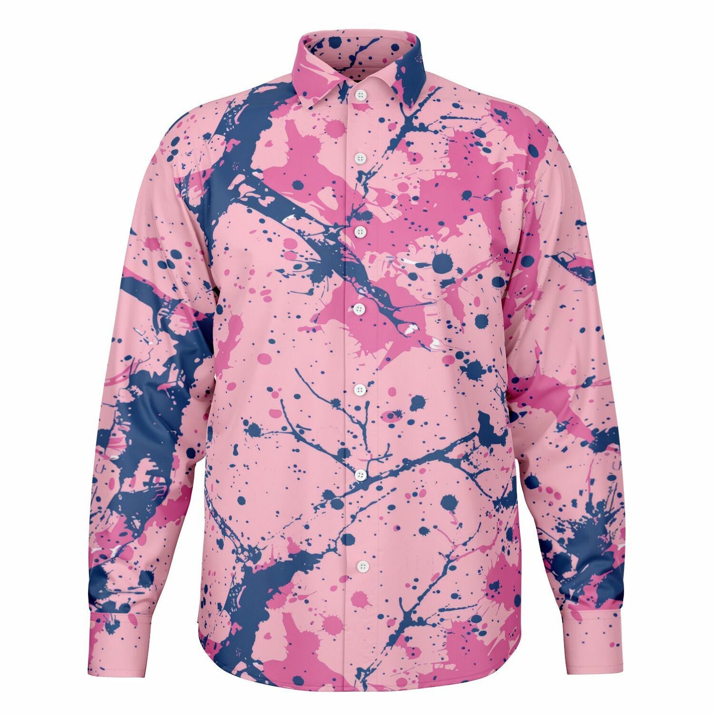 Artistic Pink and Blue Splatter Long Sleeve Button Down Shirt