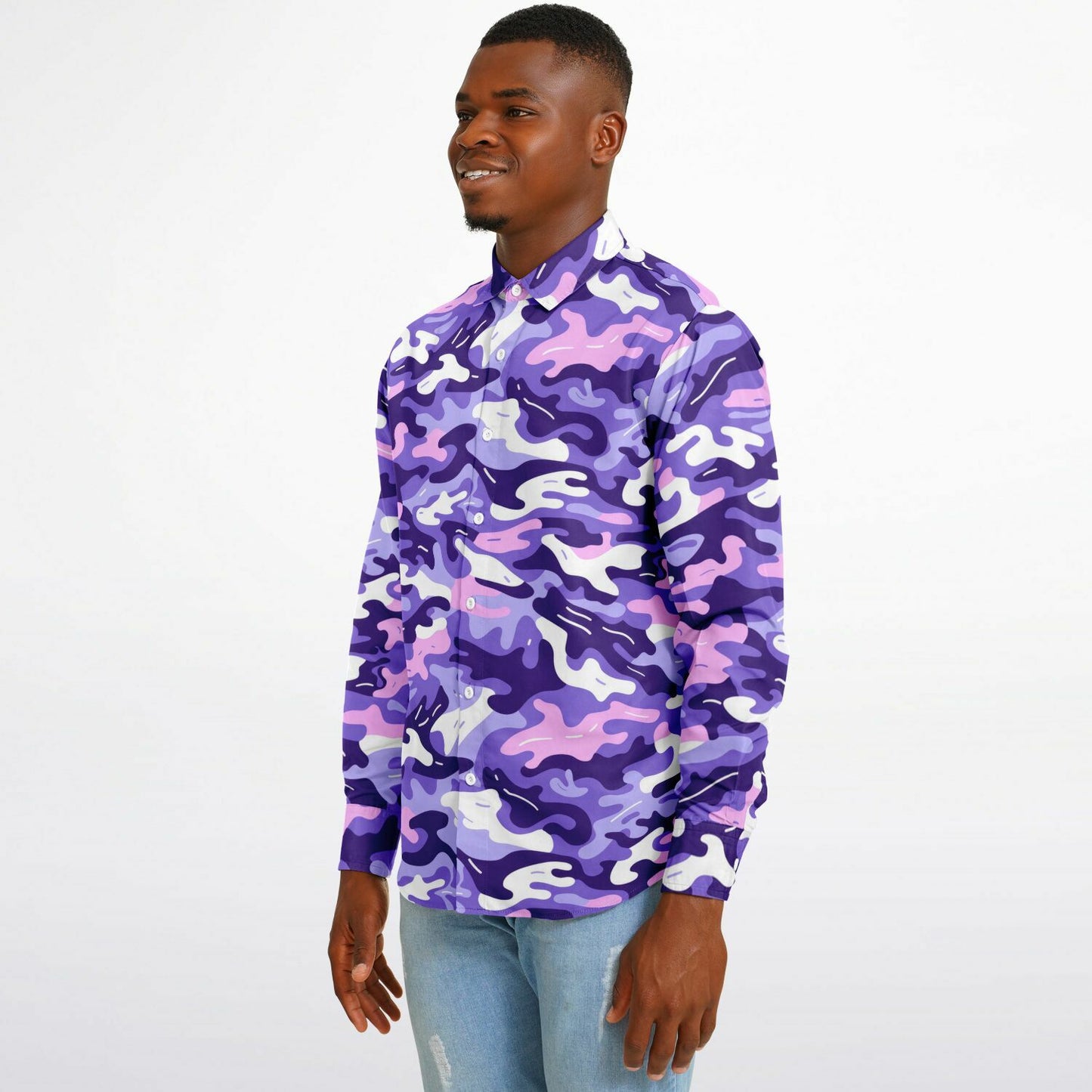 Bold Purple Camo Long Sleeve Button Down Shirt