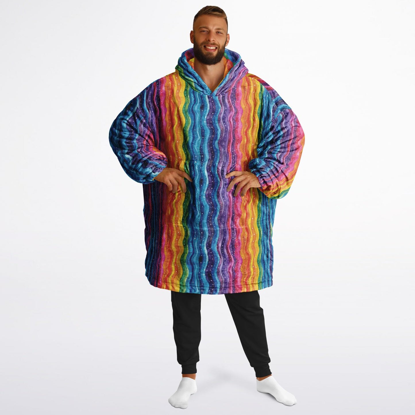 Reversible Snug Hoodie - Rainbow Stripes and Waves Designs - AOP