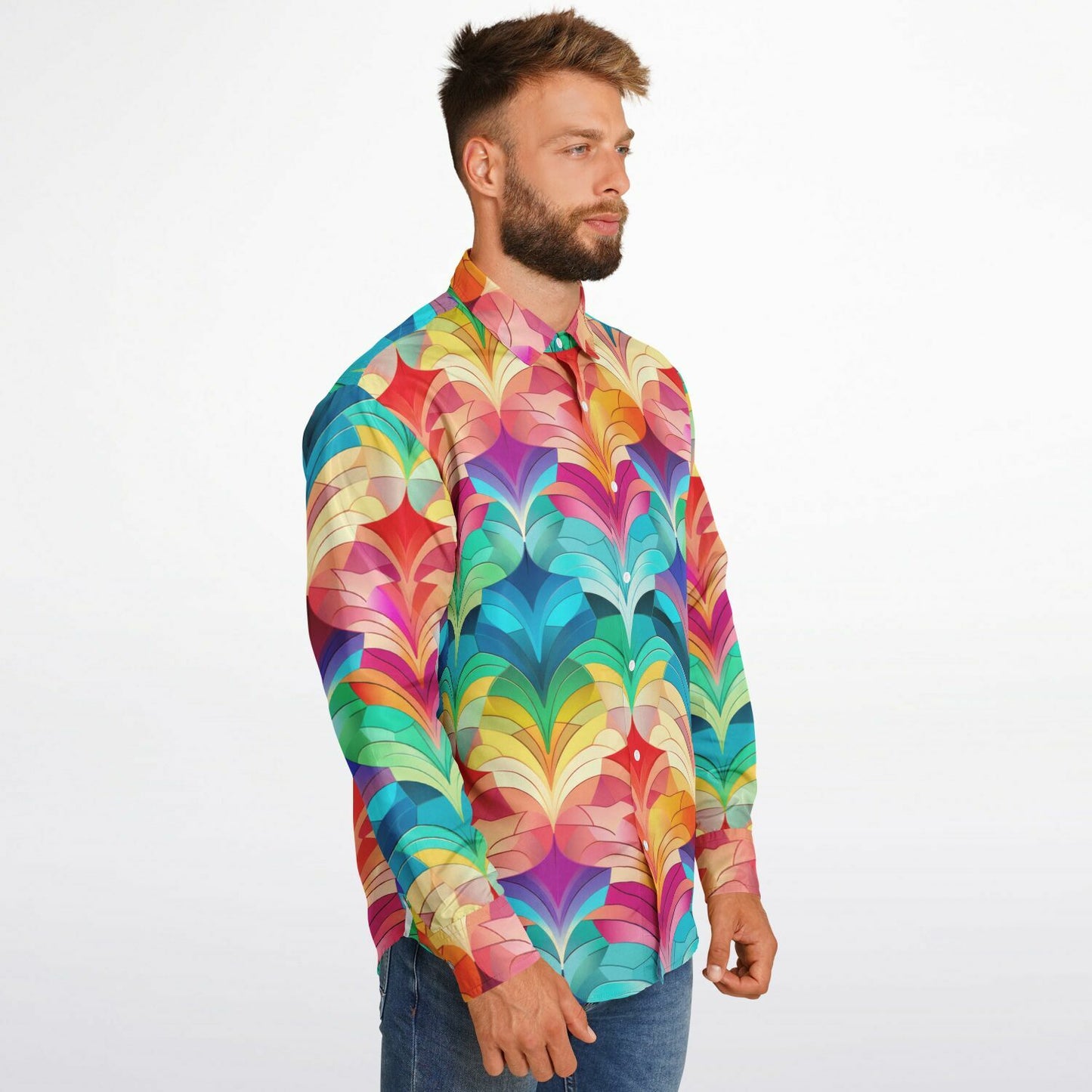 Retro Rainbow Feather Long Sleeve Button Down Shirt