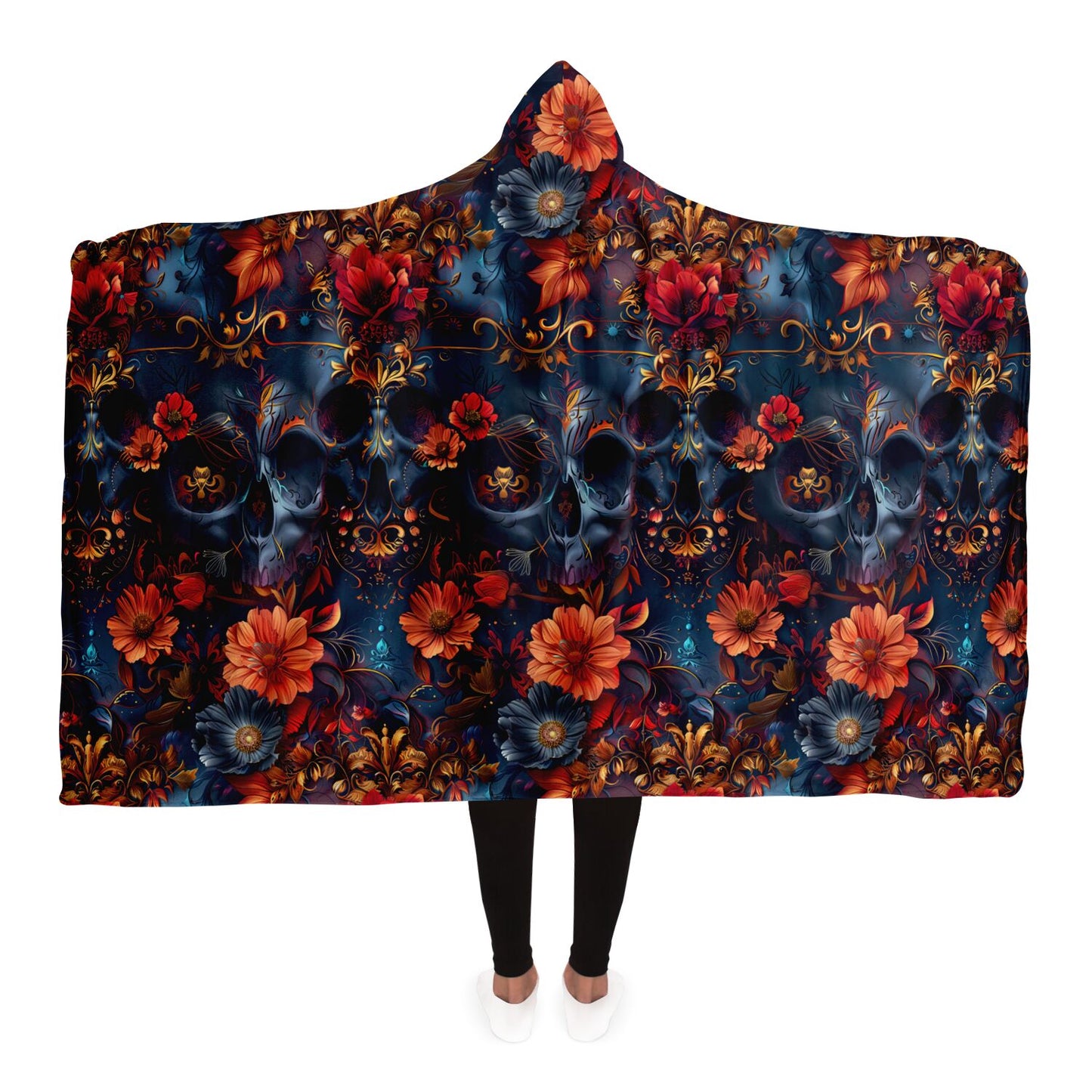 Gothic Floral Skull Hooded Blanket