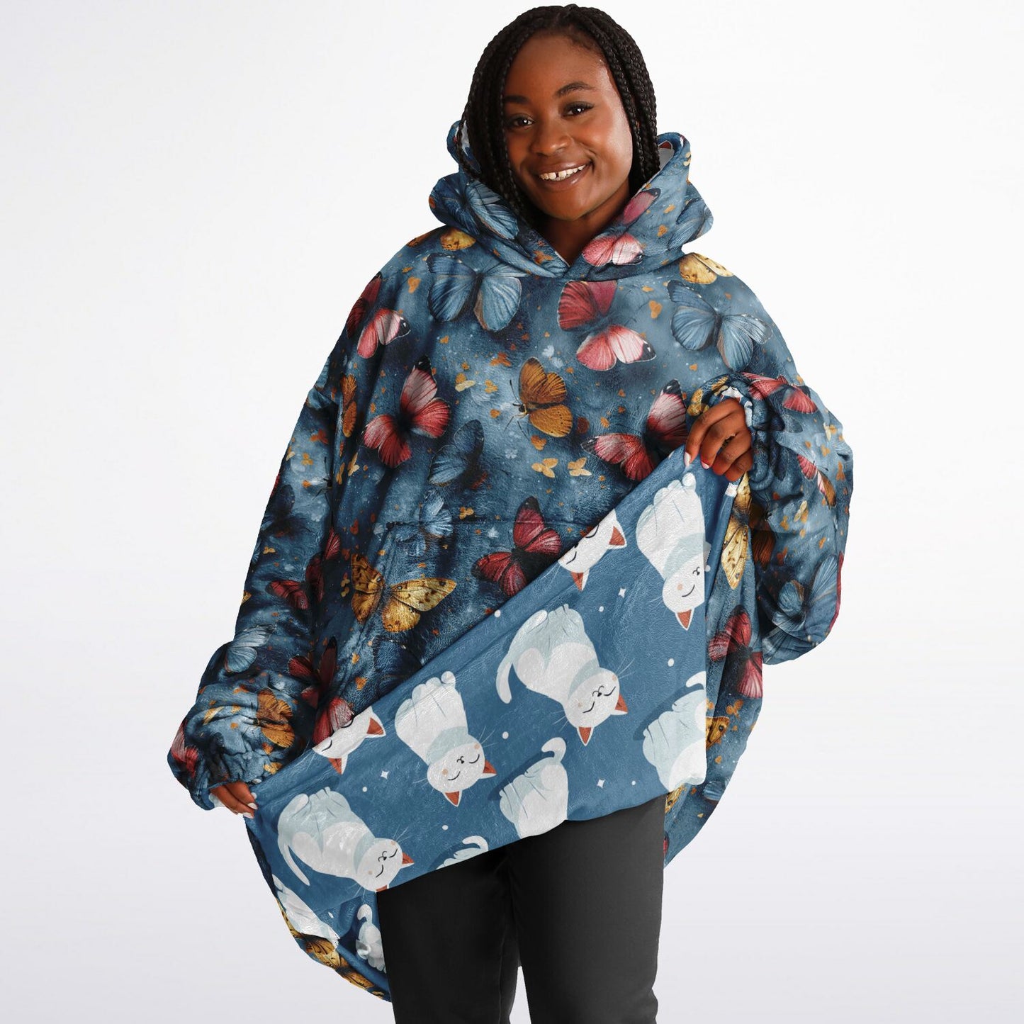 Reversible Snug Hoodie - Adorable Cat and Elegant Butterfly Designs - AOP