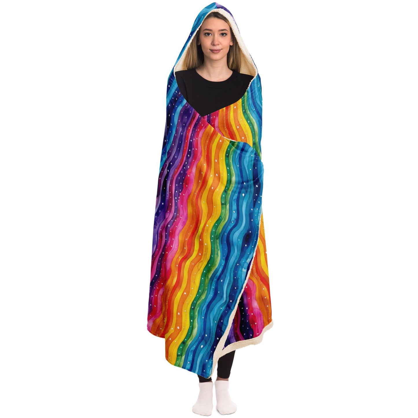 Vibrant Rainbow Waves Hooded Blanket