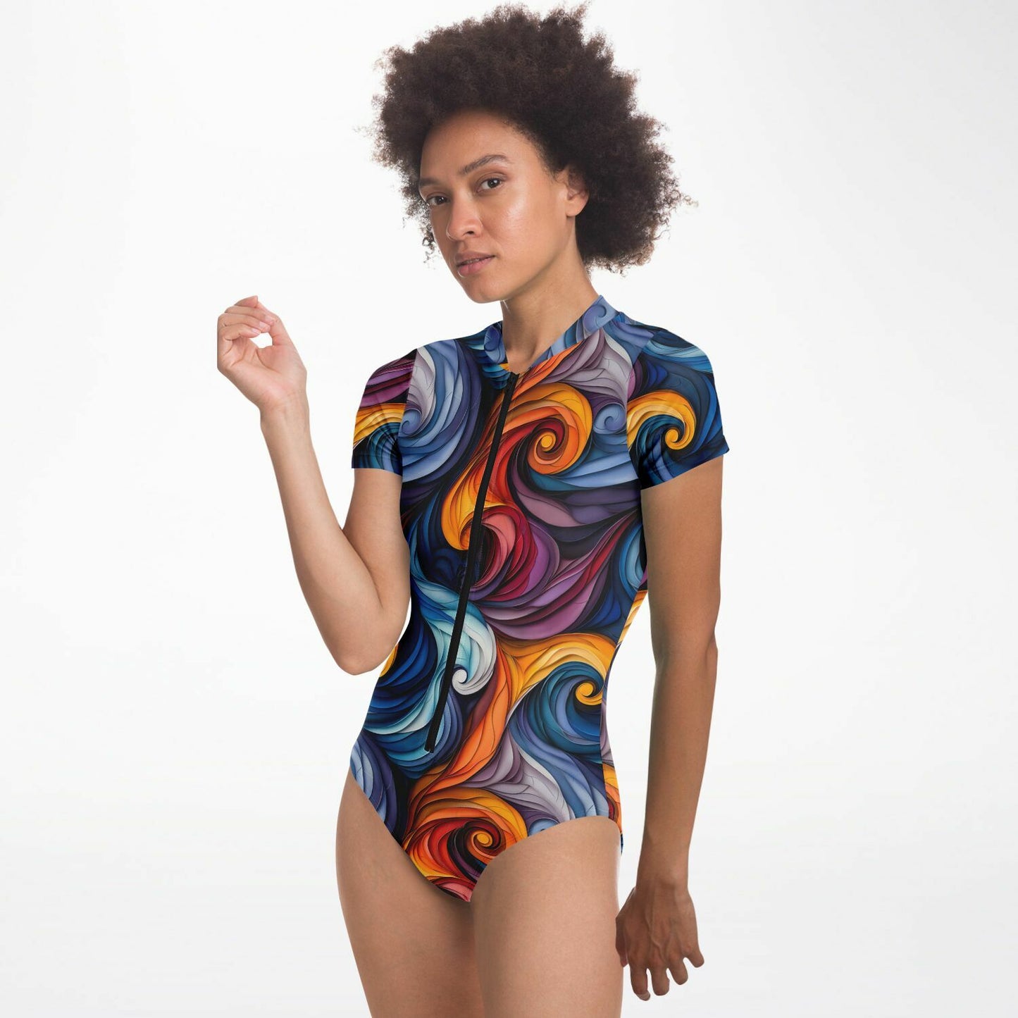 Vibrant Swirl Pattern Women's Short-Sleeve Swimsuit - AOP