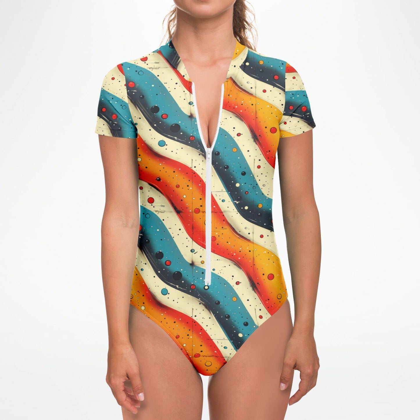 Retro Wave Pattern Women's Short-Sleeve Swimsuit - AOP