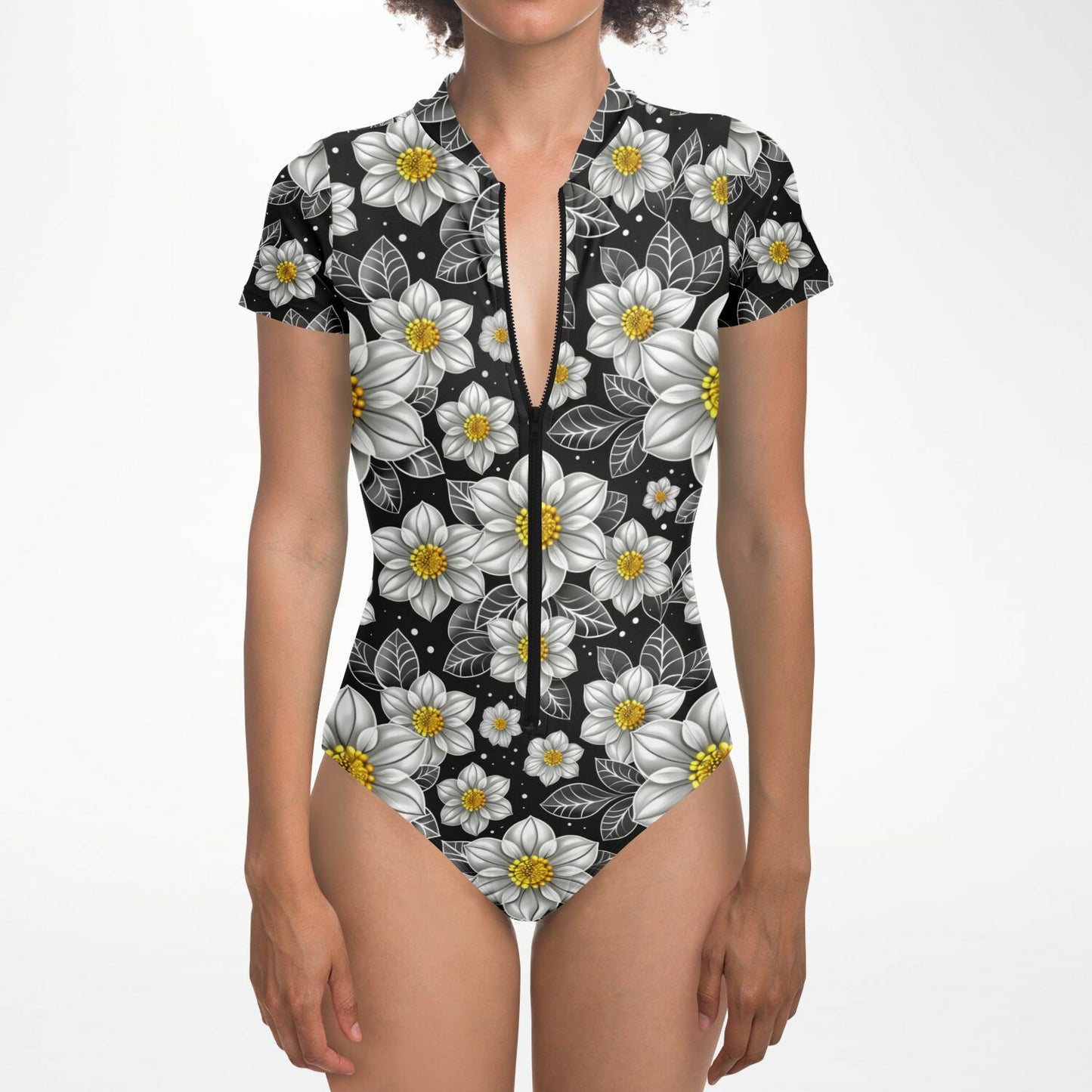 Elegant Floral Pattern Women's Short-Sleeve Swimsuit - AOP