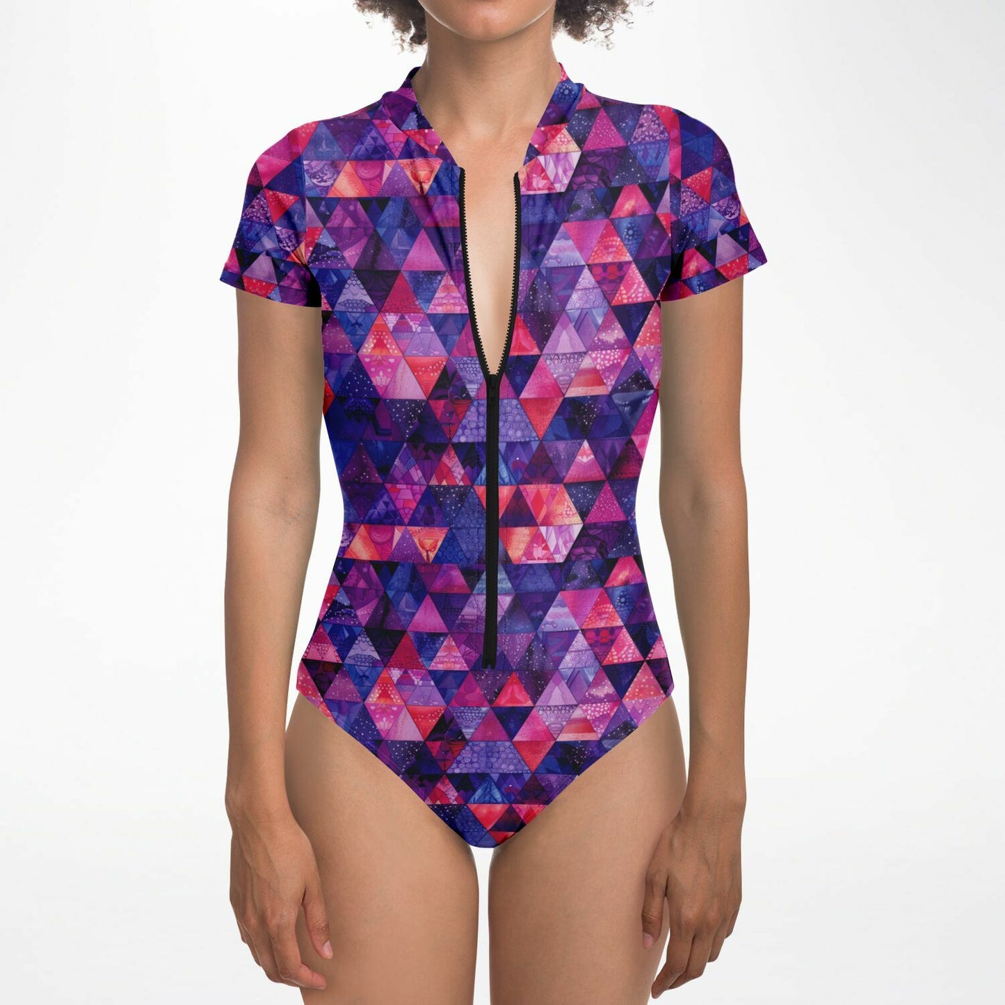 Geometric Triangles Pattern Women's Short-Sleeve Swimsuit - AOP