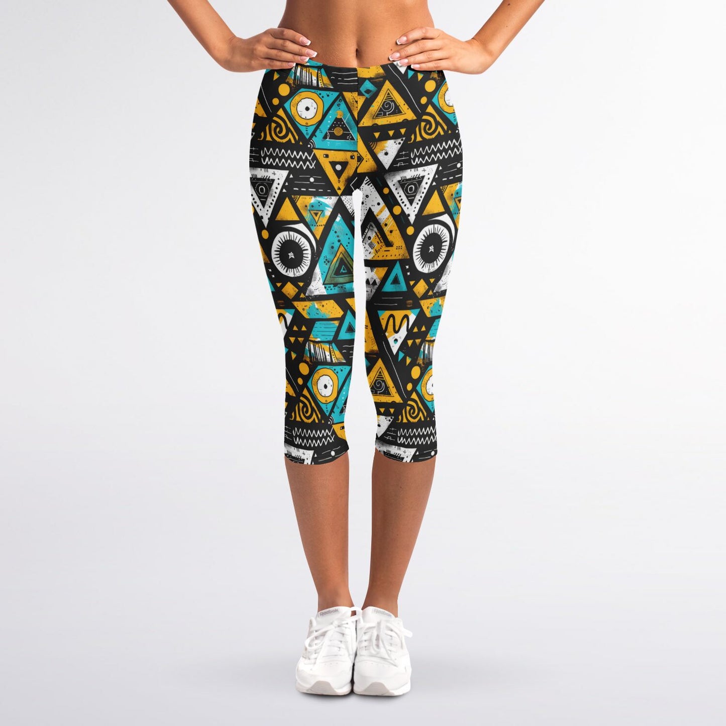 Geometric Tribal High-Waisted Capri Leggings for Bold and Stylish Activewear - AOP