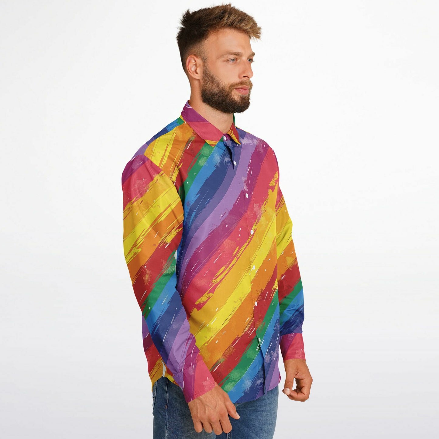 Vibrant Rainbow Stripes Long Sleeve Button Down Shirt