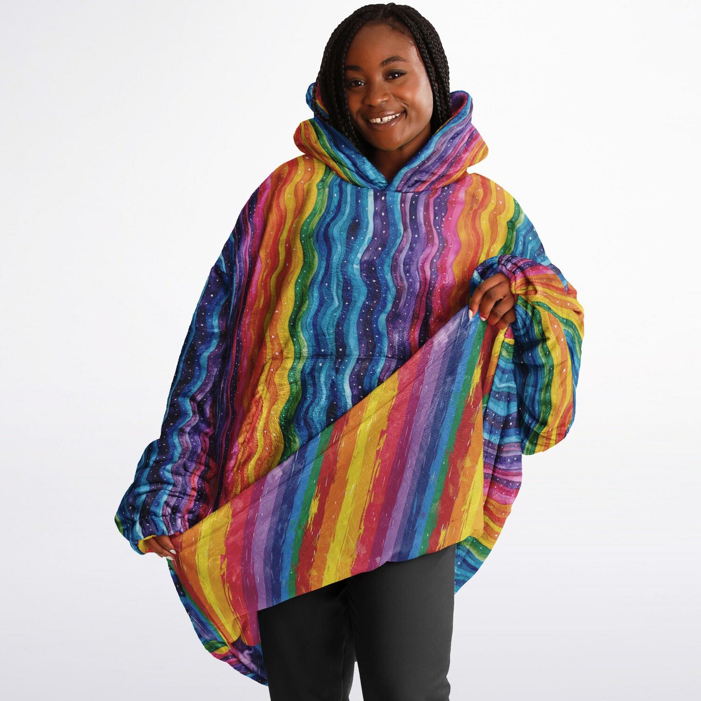 Reversible Snug Hoodie - Rainbow Stripes and Waves Designs - AOP