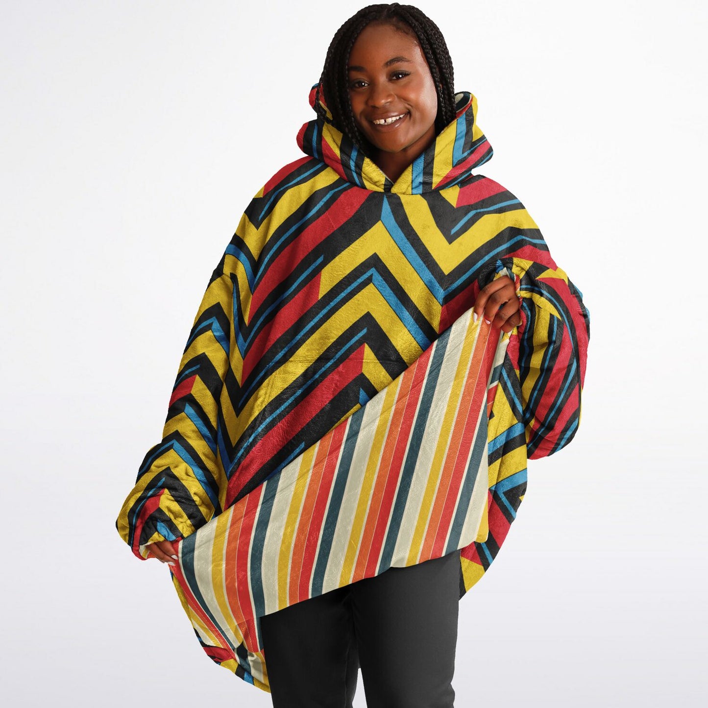 Reversible Snug Hoodie - Multicolor Stripes and Chevron Designs - AOP