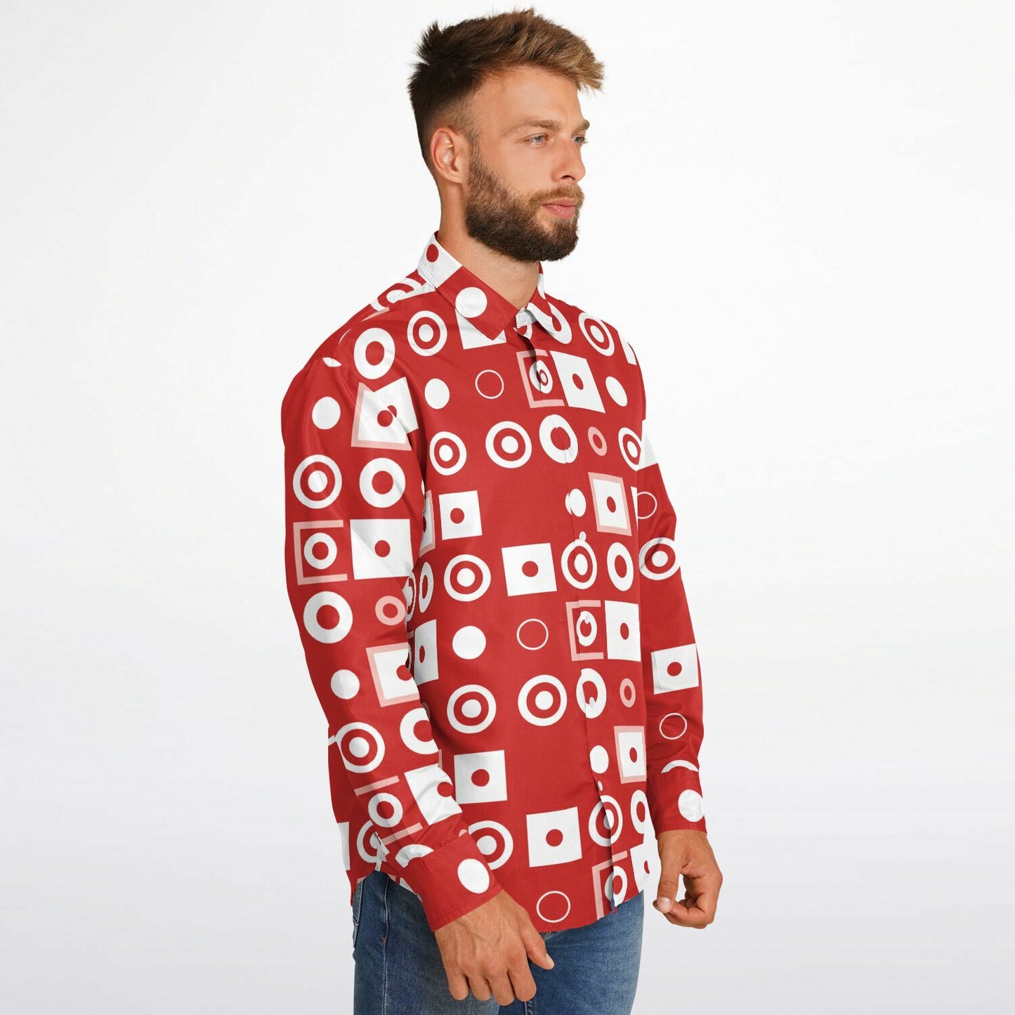 Bold Red Geometric Pattern Long Sleeve Button Down Shirt