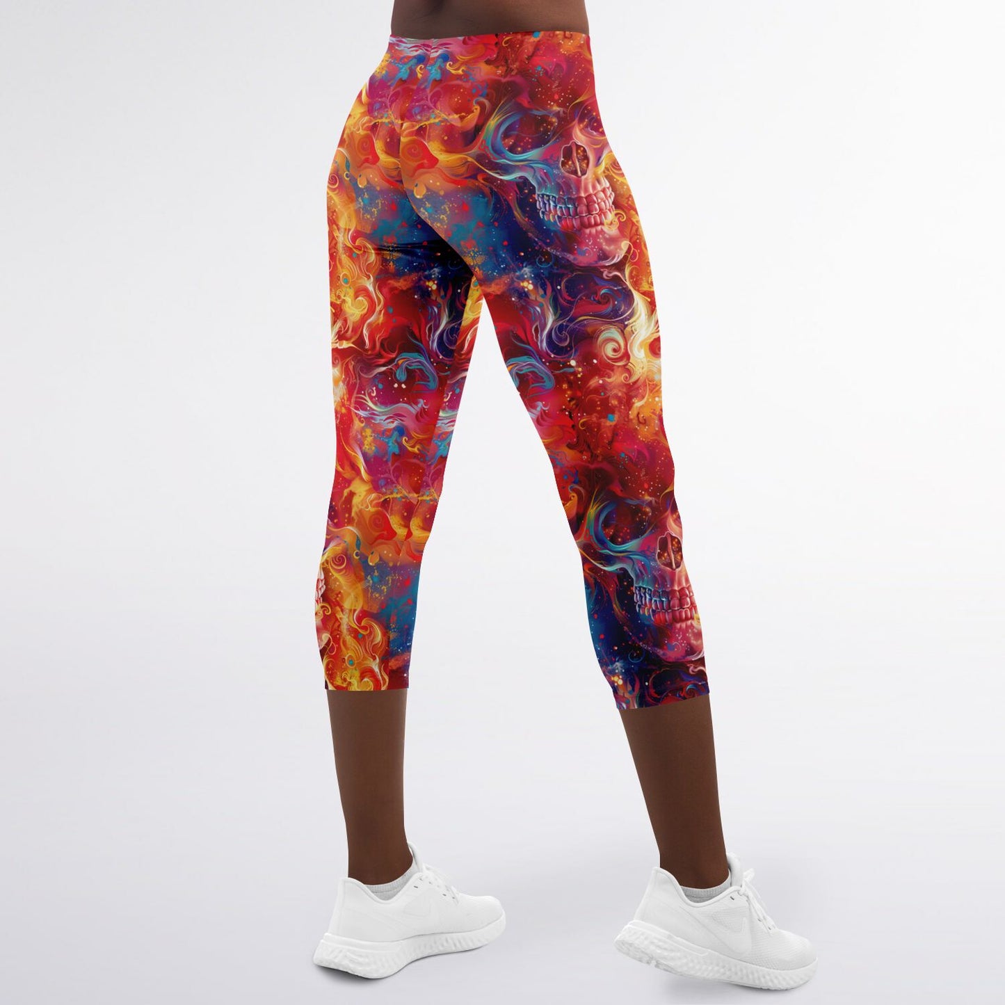 Fiery Skull High-Waisted Capri Leggings for Bold Activewear - AOP