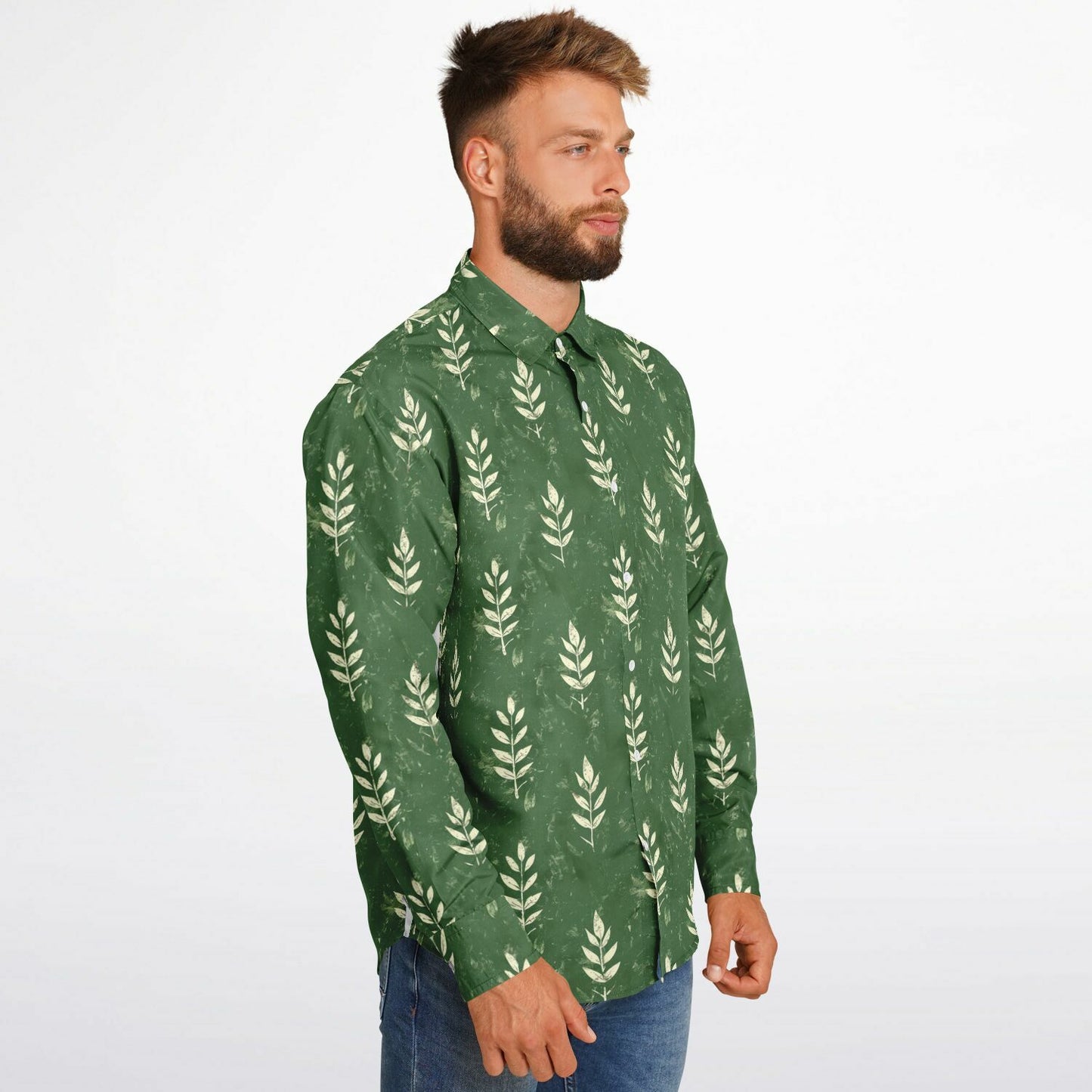 Nature-Inspired Leaf Print Long Sleeve Button Down Shirt