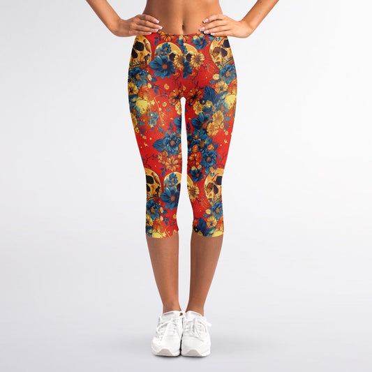 Floral Skull High-Waisted Capri Leggings for Edgy Activewear - AOP